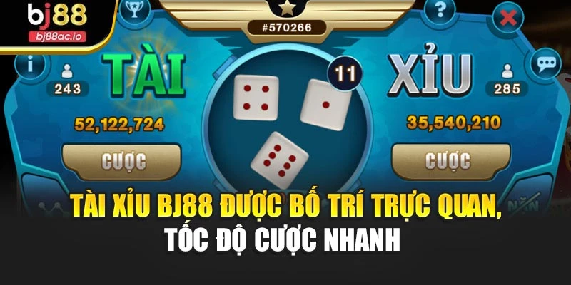 Tài xỉu Bj88 được bố trí trực quan, tốc độ cược nhanh 